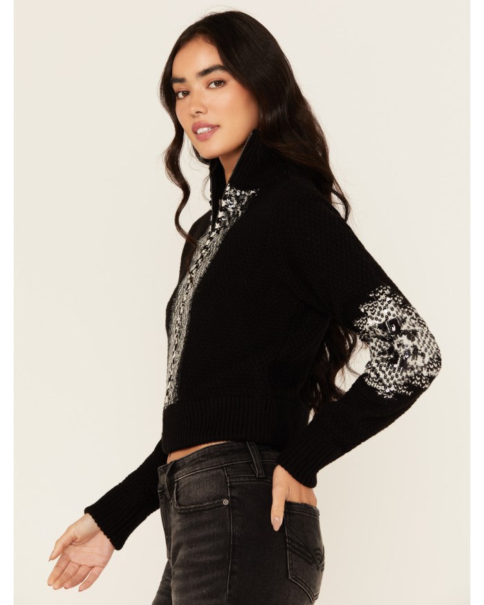 Promotion Idyllwind Women's Dallas Sequins Cropped Zip Front Sweater | Black