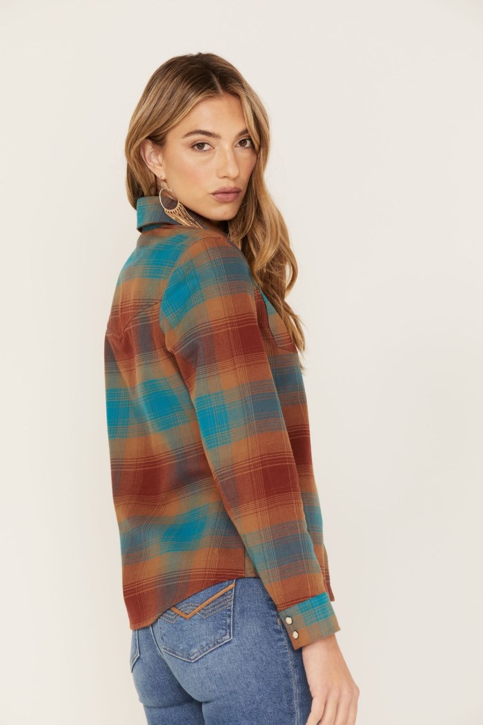 Promotion Idyllwind Women's Ombre Plaid Print Long Sleeve Snap Western Top | Blue