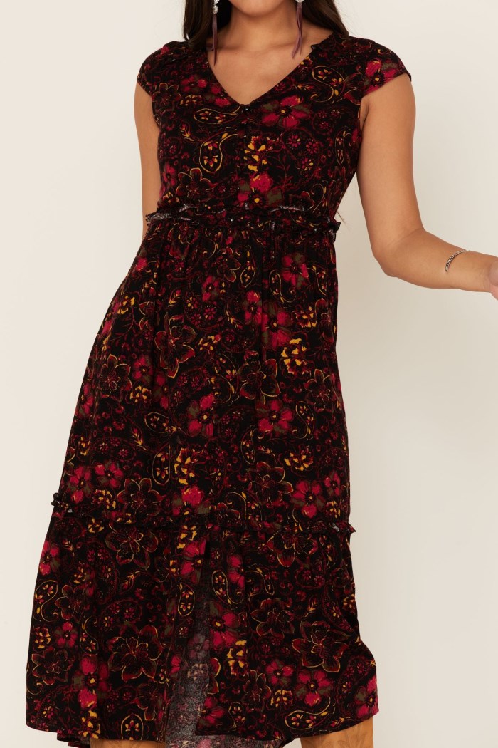 Promotion Idyllwind Women's Black Floral Willow Branch Midi Dress | Black