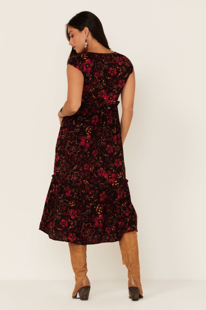 Promotion Idyllwind Women's Black Floral Willow Branch Midi Dress | Black