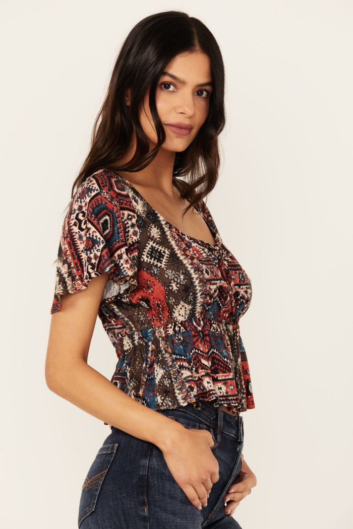 Promotion Idyllwind Women's Stirrup Print Short Sleeve Cropped Shirt | Black