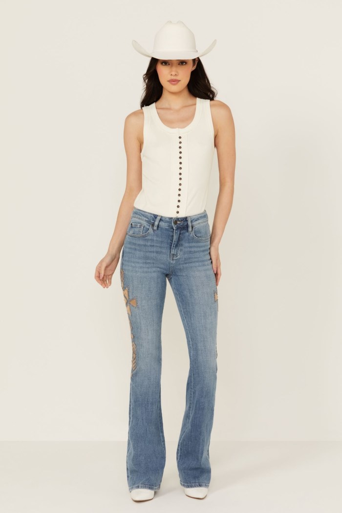 Promotion Idyllwind Women's Ellis Medium Wash Gypsy High Rise Faux Suede Embellished Bootcut Comfort Stretch Denim Jeans | Medium Wash