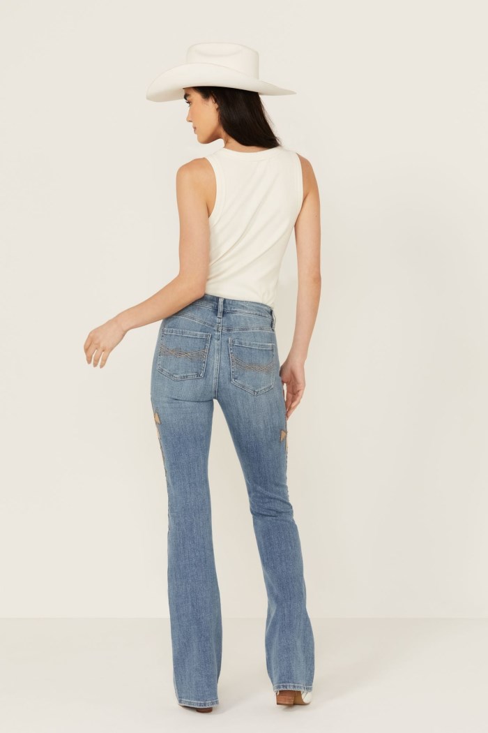 Promotion Idyllwind Women's Ellis Medium Wash Gypsy High Rise Faux Suede Embellished Bootcut Comfort Stretch Denim Jeans | Medium Wash