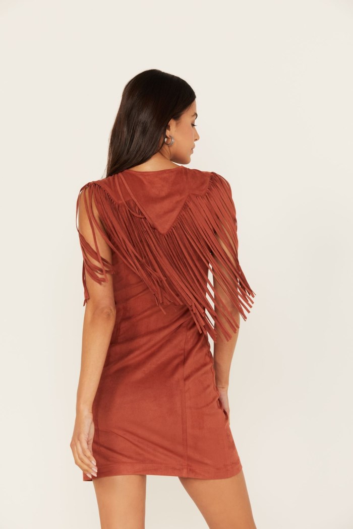 Promotion Idyllwind Women's Lady Bird Faux Suede Fringe Muscle Sleeve Dress | Pecan
