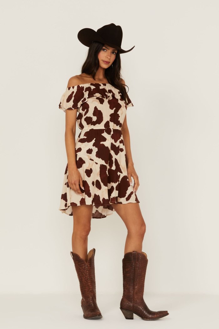 Promotion Idyllwind Women's Made For This Off-Shoulder Cow Print Dress | Tan