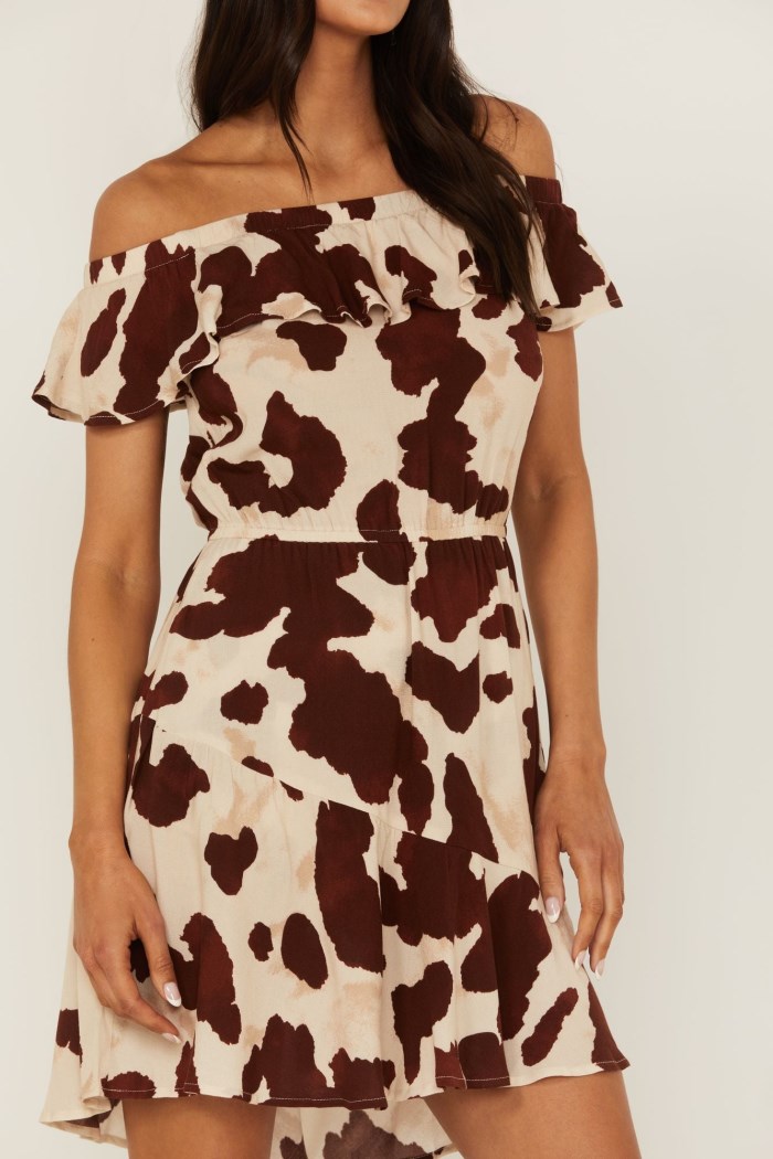 Promotion Idyllwind Women's Made For This Off-Shoulder Cow Print Dress | Tan