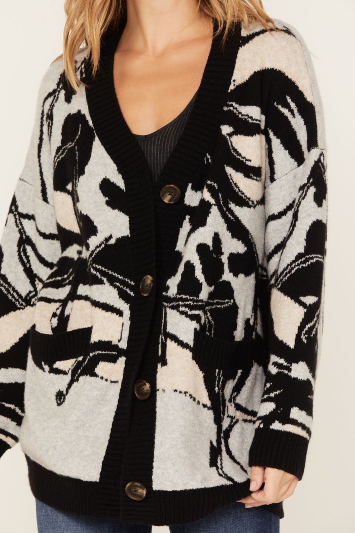 Promotion Idyllwind Women's Alice Floral Abstract Cardigan Sweater | Grey