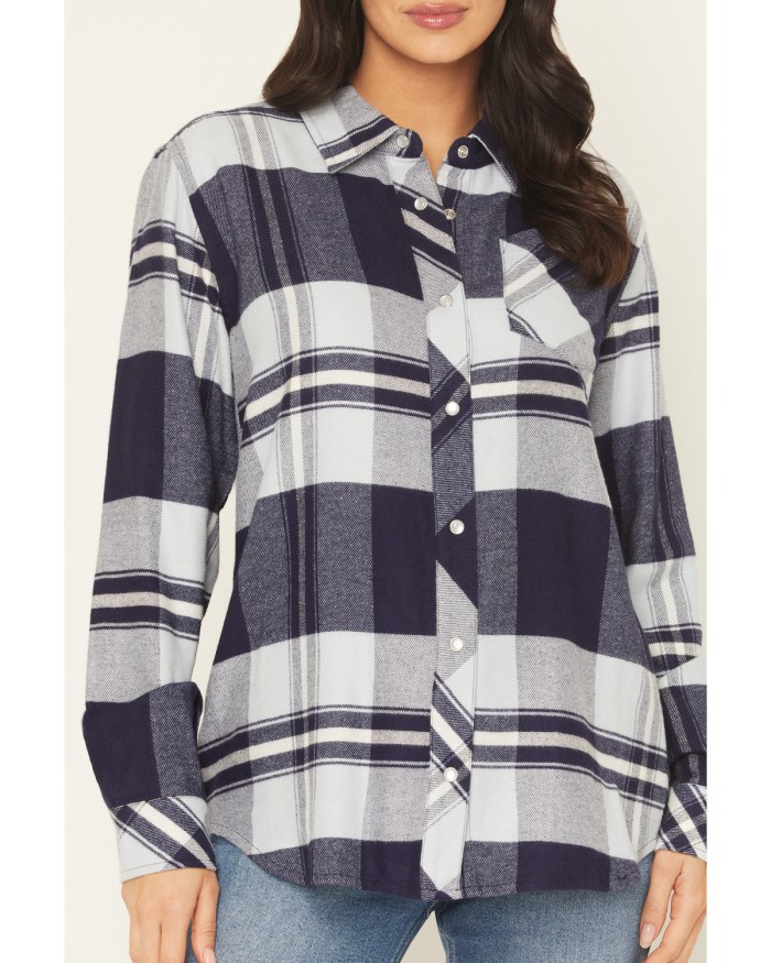 Promotion Idyllwind Women's Shadowood Plaid Print Long Sleeve Snap Flannel Shirt | Indigo