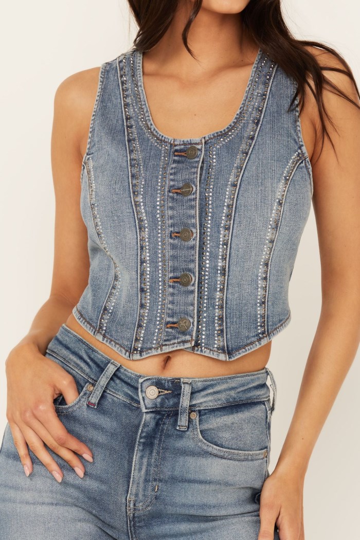 Promotion Idyllwind Women's Medium Wash Embellished Stretch Denim Vest | Medium Wash