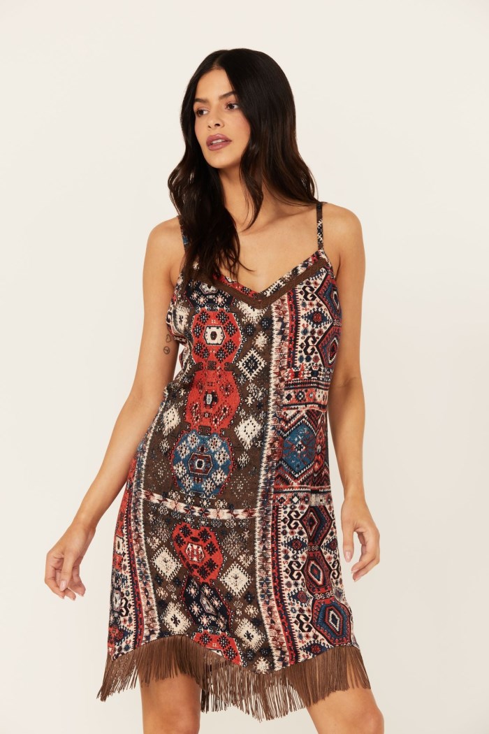 Promotion Idyllwind Women's Yearling Printed Fringe Slip Dress | Dark Brown