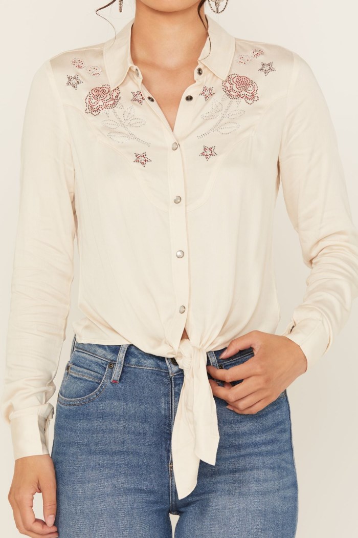 Promotion Idyllwind Women's Jessamin Embellished Long Sleeve Tie-Front Snap Western Shirt | Ivory