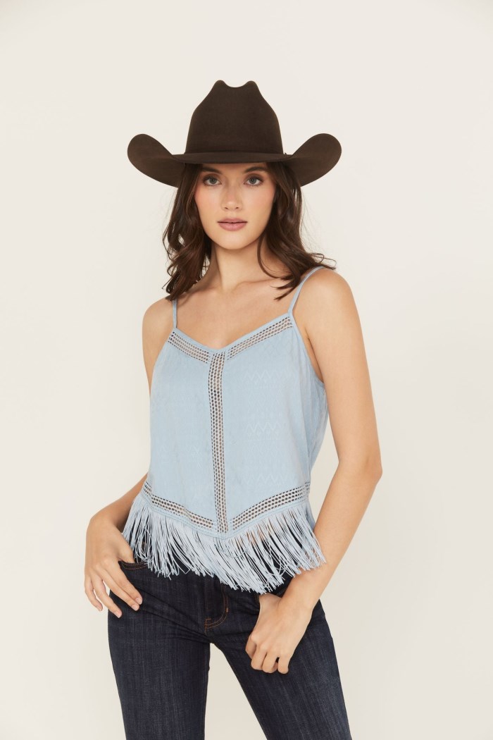 Promotion Idyllwind Women's Briarwick Jacquard Print Fringe And Lace Tank Top | Light Blue