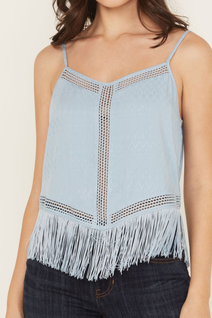 Promotion Idyllwind Women's Briarwick Jacquard Print Fringe And Lace Tank Top | Light Blue