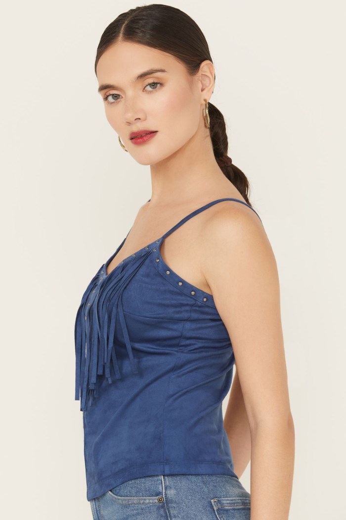 Promotion Idyllwind Women's Faux Suede Studded Fringe Sleeveless Tank Top | Blue